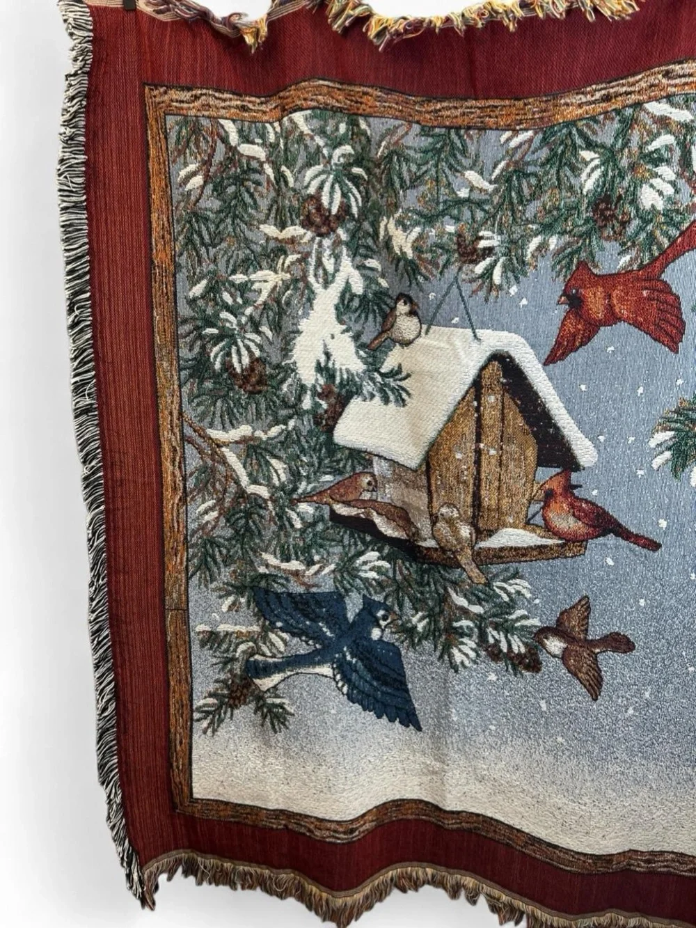 Vintage Winter Birdhouse Tapestry Throw – Cardinal & Pine Scene